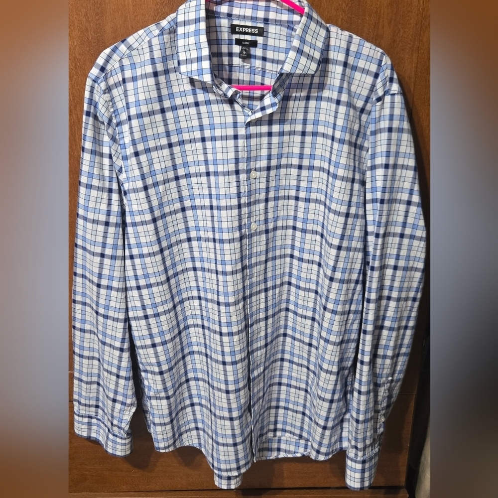 Mens Express Blue and White Casual Button Down Shirt